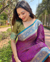 Indiehaat | Soft Kashmiri Silk Zari Woven Contrast Purple Saree