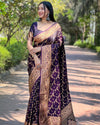 Indiehaat | Banarasi Jaal Katan Silk Zari Woven Wine Saree