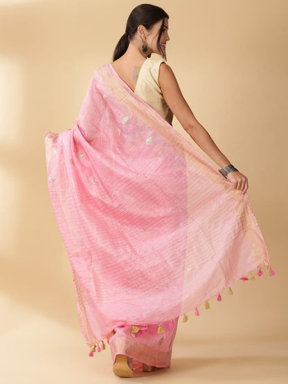 2195-Silk Linen Banrasi Brocade Weaving Handloom Pink Saree With Blouse