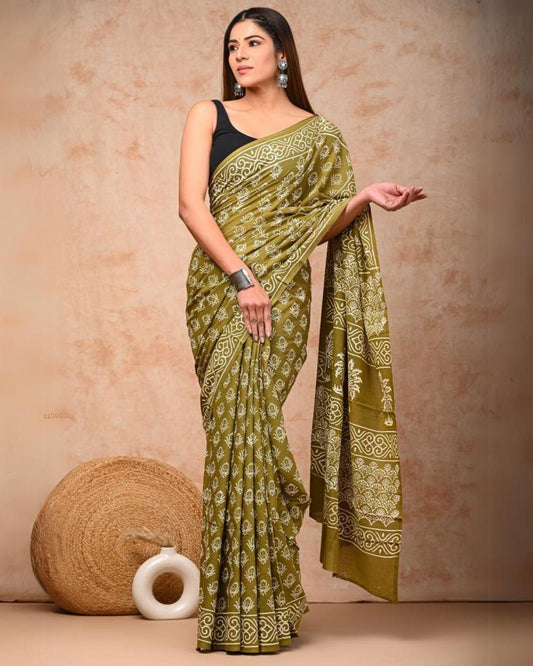 Indiehaat | Pure Mulmul Cotton Saree Olive Green Color handblock printed with Running Blouse