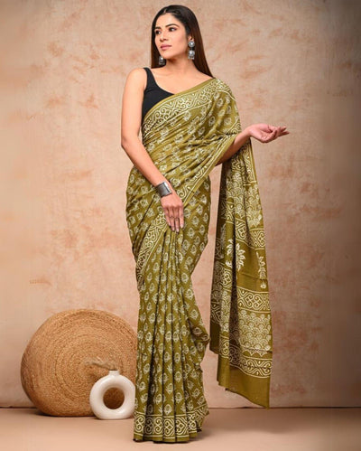 Indiehaat | Pure Mulmul Cotton Saree Olive Green Color handblock printed with Running Blouse