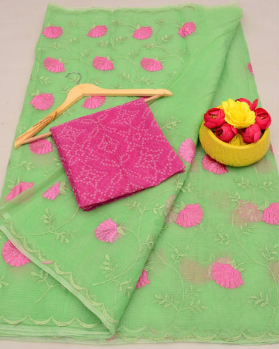 Indiehaat | Kota Doria Embroidered Green Saree | Elegant