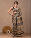 Indiehaat | Mulmul Cotton Saree Black Color Handblock Printed with Running Blouse