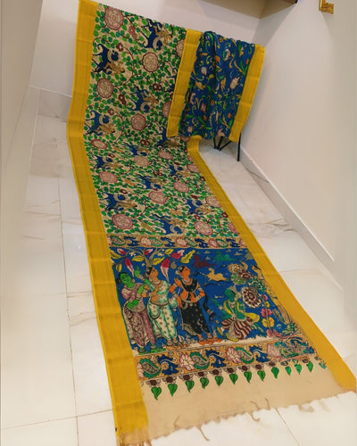 Indiehaat | Mangalagiri Handpainted Silk Saree Multicolor