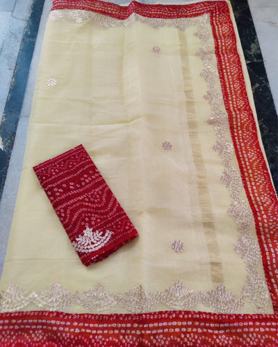 Indiehaat | Kota Cotton Kachi Gotta Cream Saree