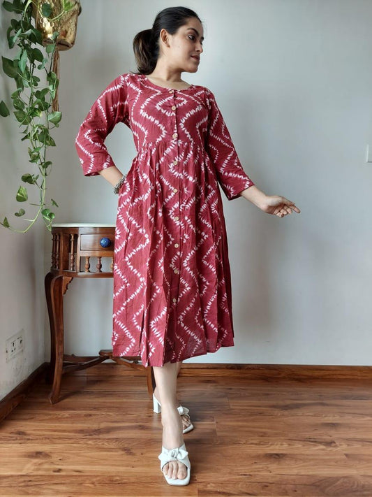 Indiehaat | Cotton Long One Piece Dress maroon Color Bagru Hand Printed Size 36 to 46