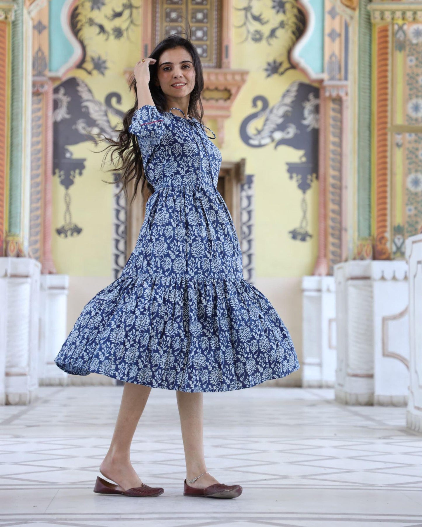 IndieHaat | Cotton One Piece Indigo Blue Frill Dress Handblock Print Ajrakh Dabu Size 38 to 50