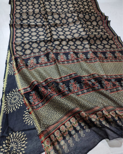Indiehaat | Chanderi Silk Ajrakh Print Saree Black