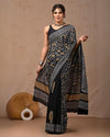 Indiehaat | Pure Mulmul Cotton Saree Black Color handblock printed with Running Blouse