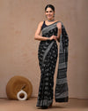 Indiehaat | Pure Mulmul Cotton Saree Black Color handblock printed with Running Blouse