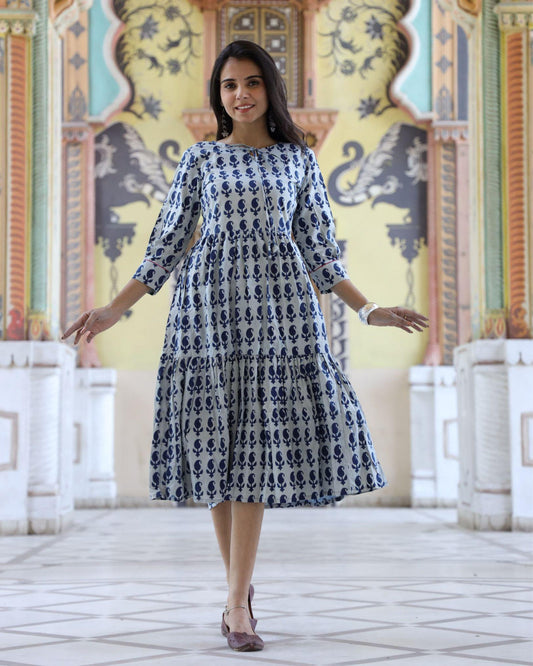IndieHaat | Cotton One Piece Grey Frill Dress Handblock Print Ajrakh Dabu Size 38 to 46