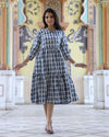 IndieHaat | Cotton One Piece Gray Frill Dress Handblock Print Ajrakh Dabu Size 38 to 46