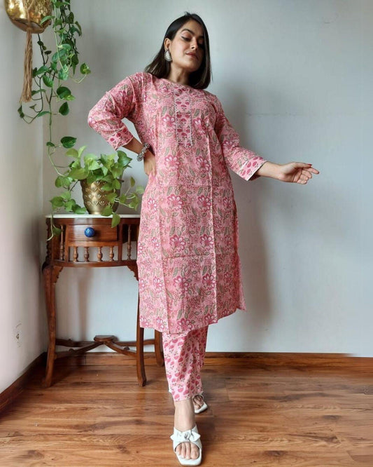 Indiehaat | Cotton Stitched Kurti Peach Color Handblock Printed With Pant