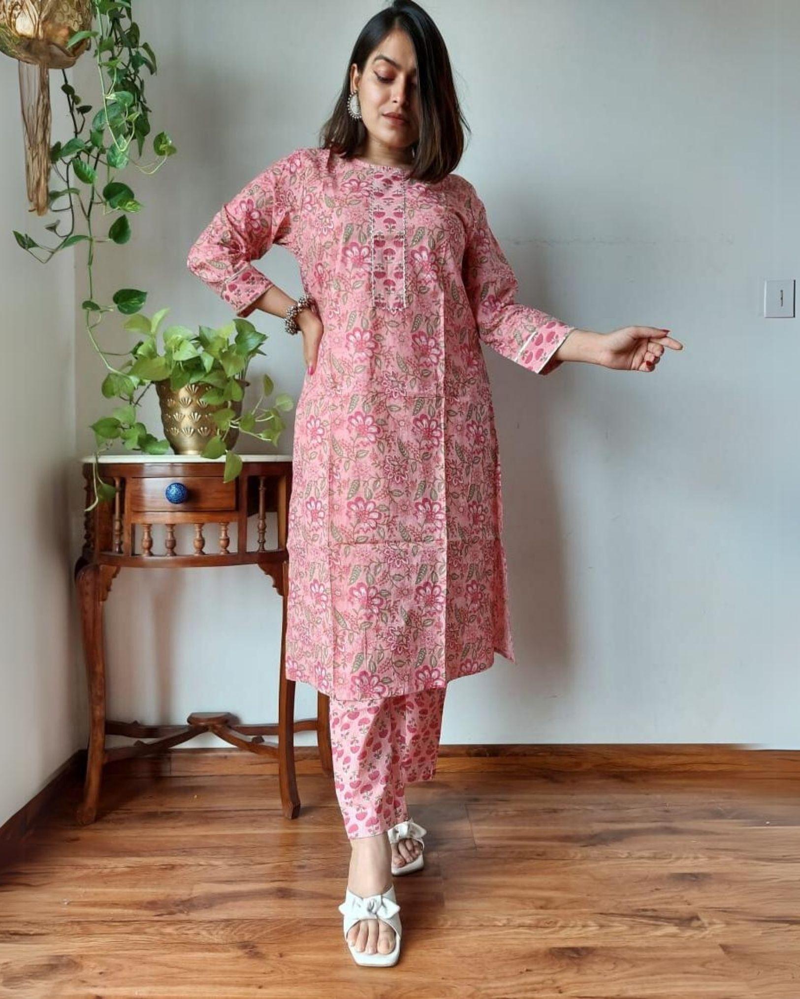 Indiehaat | Cotton Stitched Kurti Peach Color Handblock Printed With Pant