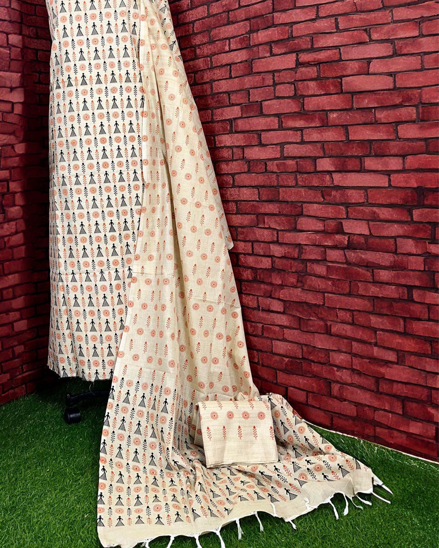 Indiehaat | Khadi Silk Beige Suit Warli Print Top+Bottom+Dupatta