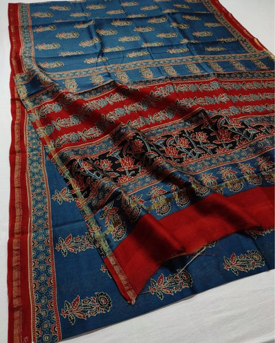 Indiehaat | Chanderi Silk Ajrakh Print Saree Blue