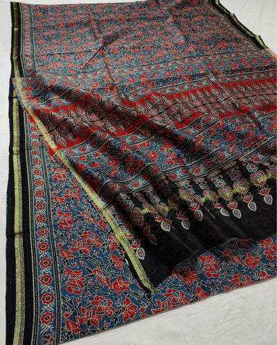 Indiehaat | Chanderi Silk Ajrakh Print Saree Multicolor