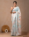 Indiehaat | Pure Mulmul Cotton Saree Pastel Blue Color handblock printed with Running Blouse