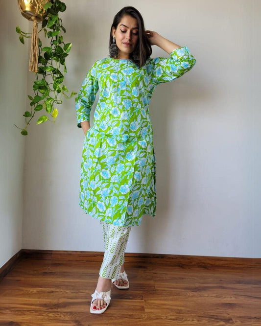 Indiehaat | Cotton Stitched Kurti Green Color Handblock Printed With Pant