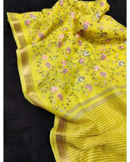 Joyful Silk Linen Embroidered Yellow Saree