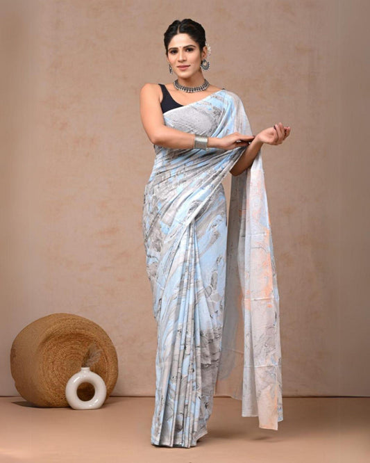 Indiehaat | Pure Mulmul Cotton Saree Pastel Blue Color handblock printed with Running Blouse