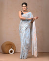 Indiehaat | Pure Mulmul Cotton Saree Pastel Blue Color handblock printed with Running Blouse