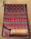 Indiehaat | Ajrakh Blockprint Modal Silk Lagdi Patta Red Saree