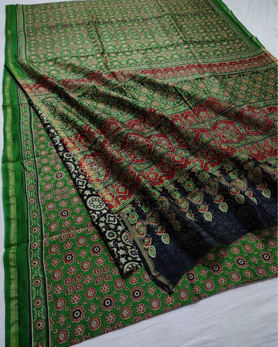 Indiehaat | Chanderi Silk Ajrakh Print Saree Green