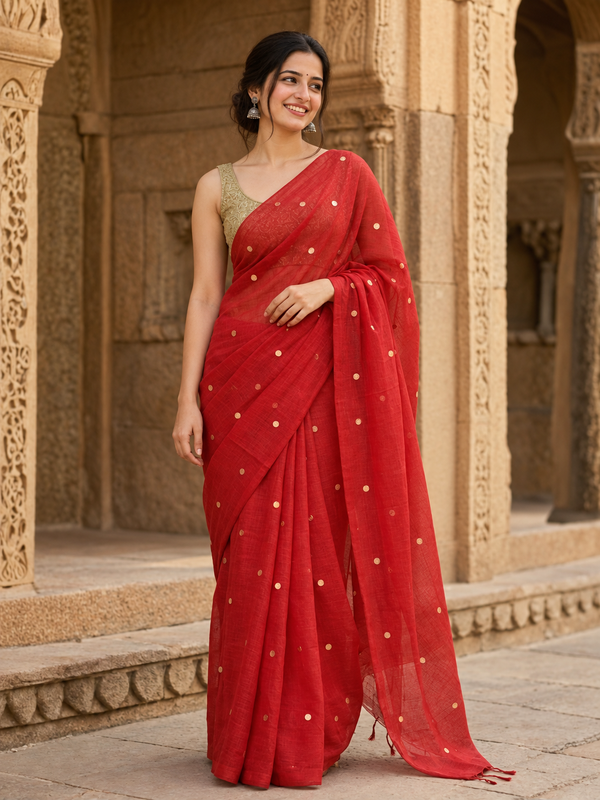 Chamak Pure Mul Cotton Sequin Red Saree