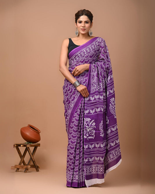 Indiehaat | Pure Mulmul Cotton Saree purple Color Bagru Handblock Print with Running Blouse