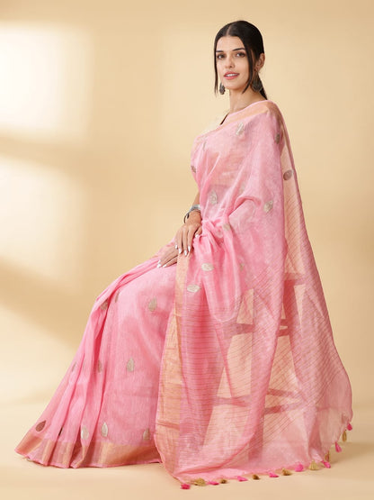 2195-Silk Linen Banrasi Brocade Weaving Handloom Pink Saree With Blouse