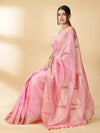 Silk Linen Banarasi Brocade Weaving Handloom Pink Saree With Blouse-Indiehaat