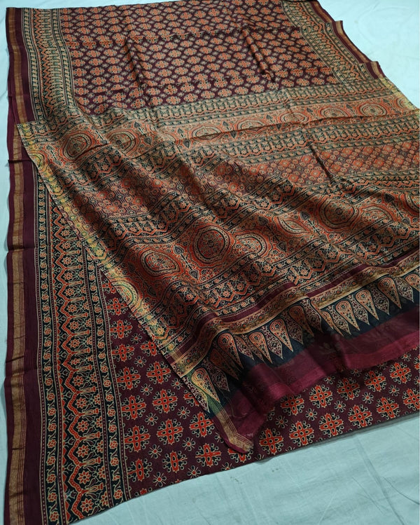 Indiehaat | Chanderi Silk Ajrakh Print Saree Red