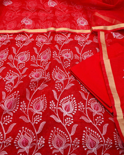 Indiehaat|Kota Doria Embroidered Maroon Suits(Top+Bottom+Dupatta)
