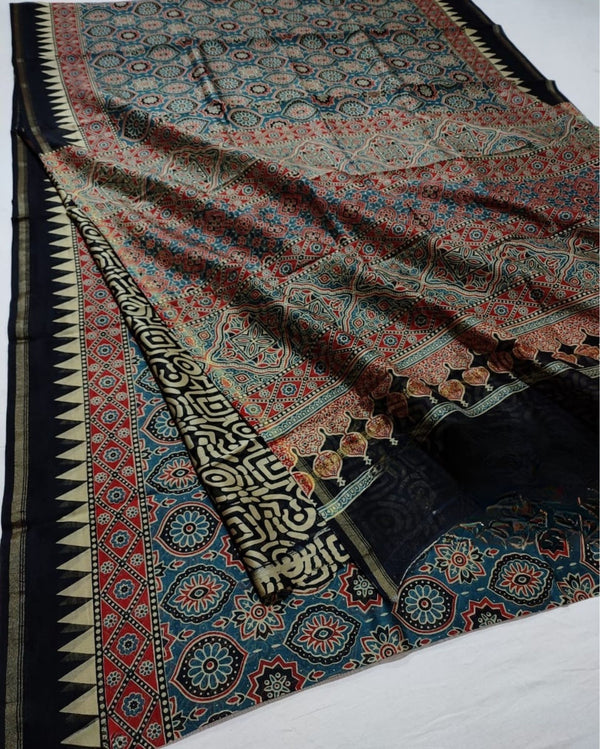 Indiehaat | Chanderi Silk Ajrakh Print Saree Blue
