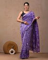 Indiehaat | Maheshwari Silk Saree Purple Color Bagru Handblock Printed with Running Blouse (Silk by Silk)