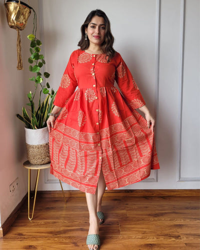 Indiehaat | Blockprinted Cotton Long Dress Orange