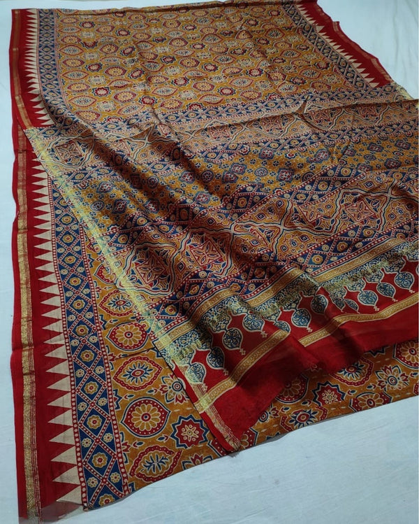 Indiehaat | Chanderi Silk Ajrakh Print Saree Yellow