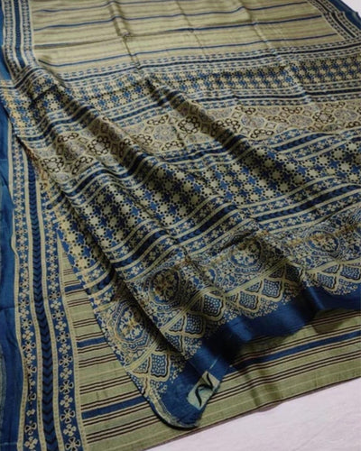Indiehaat | Ajrakh Printed Chanderi Silk Saree Beige | Serenity in Silk