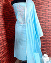 Indiehaat | Gulmohar Slub Linen Blue Unstiched Embroidered Suit