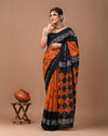 Indiehaat | Pure Mulmul Cotton Saree Black Color Bagru Handblock Print with Running Blouse