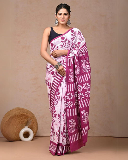 Indiehaat | Pure Mulmul Cotton Saree White and Rose Pink Color handblock printed with Running Blouse