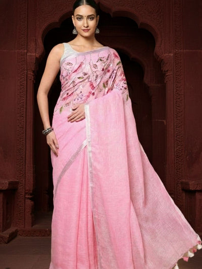 Magnificent Pure Linen Saree Hand Embroidered Pink
