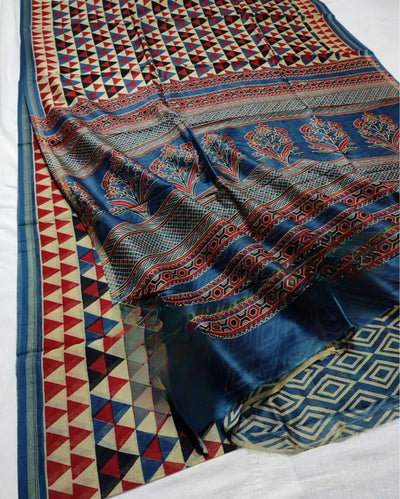 Indiehaat | Chanderi Silk Ajrakh Print Saree Beige