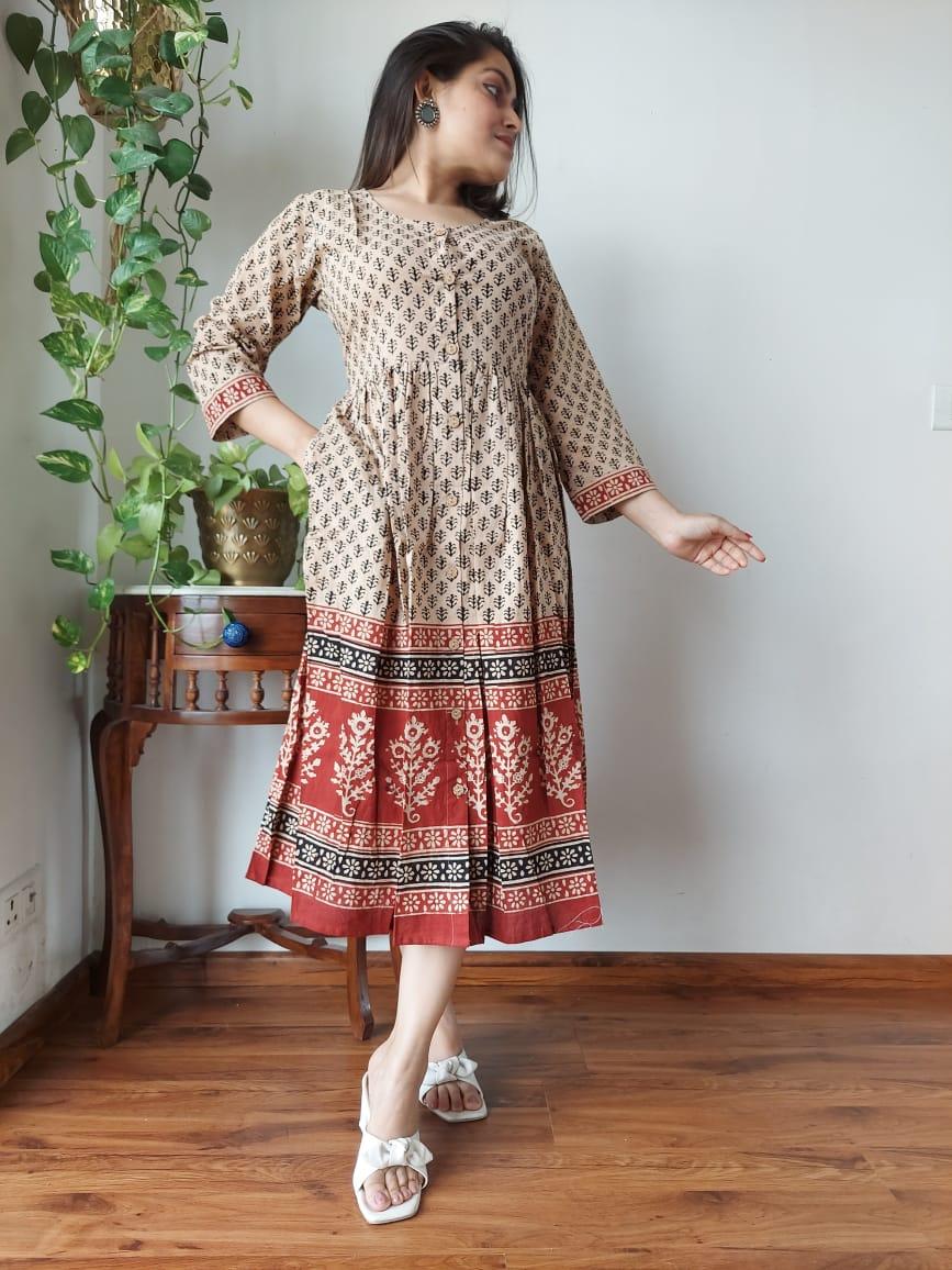 Indiehaat | Cotton Long One Piece Dress Sea Green Color Bagru Hand Printed Size 36 to 46