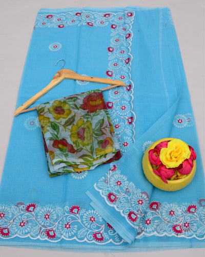 Indiehaat | Kota Doria Embroidered Blue Saree | Mesmerizing