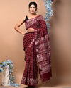 Indiehaat | Pure Linen Blockprinted Red Saree | Graceful