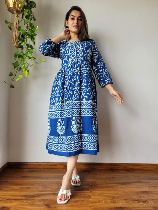 Indiehaat | Cotton Long One Piece Dress Dark Blue Color Bagru Hand Printed Size 36 to 46