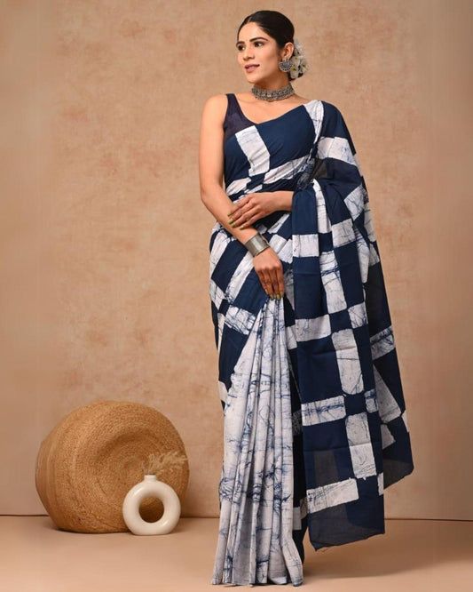Indiehaat | Pure Mulmul Cotton Saree White and Blue Color handblock printed with Running Blouse