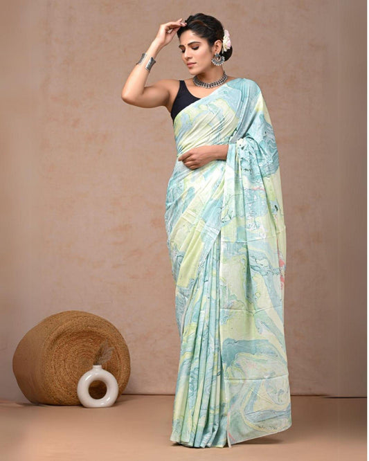 Indiehaat | Pure Mulmul Cotton Saree Light Sky Blue Color handblock printed with Running Blouse